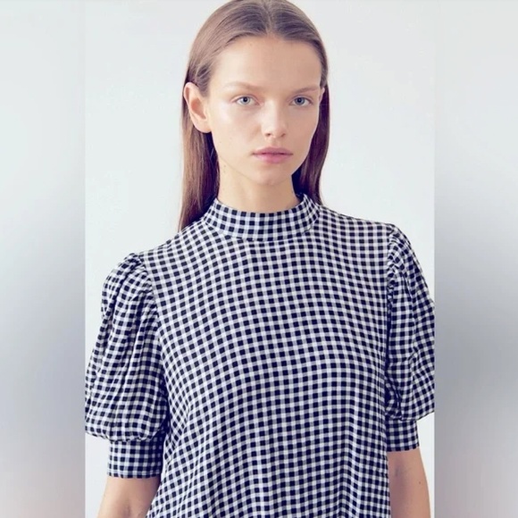 NWT GANNI | Gingham Puff Sleeve Shift Minidress In Brunnera Blue | Size 38 (US6) - Picture 4 of 14